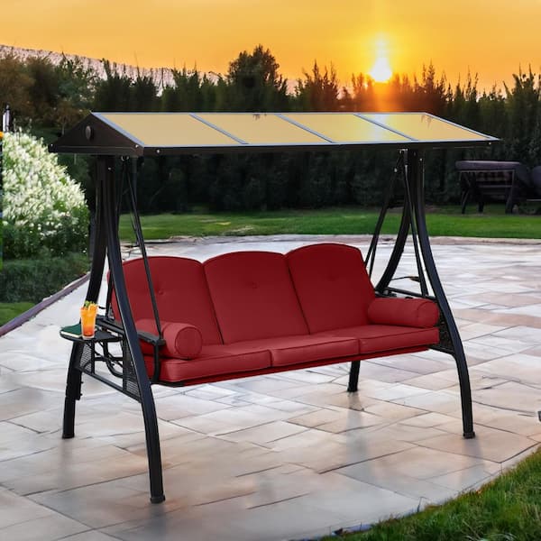 NOBLEMOOD 3-Person Outdoor Metal Porch Swings with Adjustable PC Canopy, Cushions, Foldable Cup Holders and Pillows, Wine Red