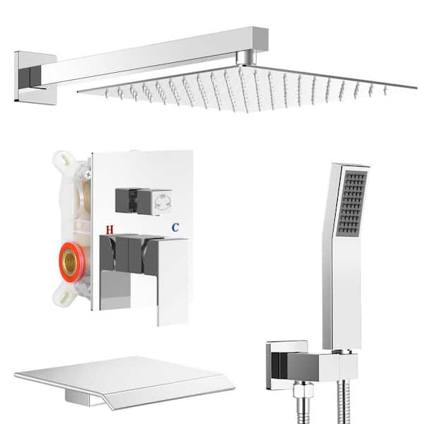 Single Handle 3-Spray Square Shower Faucet Bathroom Shower Combo Set 2.5 GPM with waterfall spout in Polished Chrome