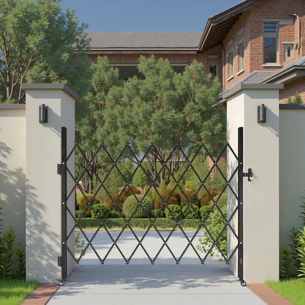 Single Folding Security Gate Lockable Scissor Gate with 360° Swivel Casters Retractable 70.87 x 63.39 in. Black Steel