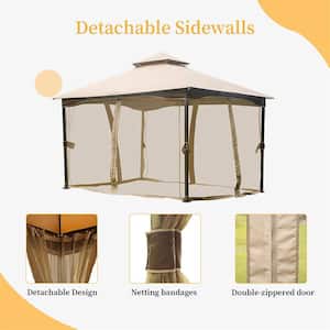 13 ft. x 10 ft. Outdoor Metal Gazebo with Mosquito Netting and Double Roof Soft for Deck Backyard Garden Lawns (Khaki)