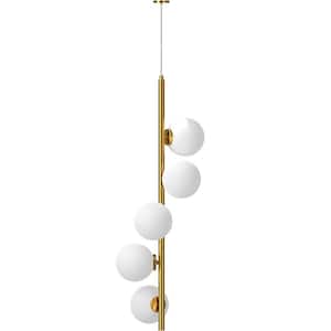 5-Light Brushed Gold Linear Pendant Fixture with Globe Shaped Frosted Glass Shades