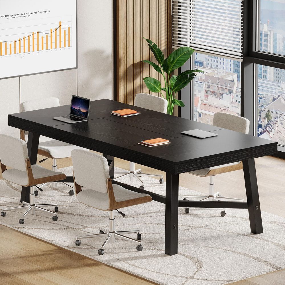 71 in. Rectangular Black Engineered Wood Conference Table for 6 to 8 People, 6 ft. Large Office Desk Computer Desk