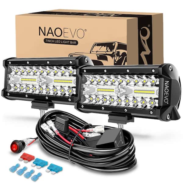 BIBIVIS 7 in. 240-Watt Dual LED White Strip Set, Poly Flood Light, 2-Harness, Off-Road/Work Light (2-Pack)