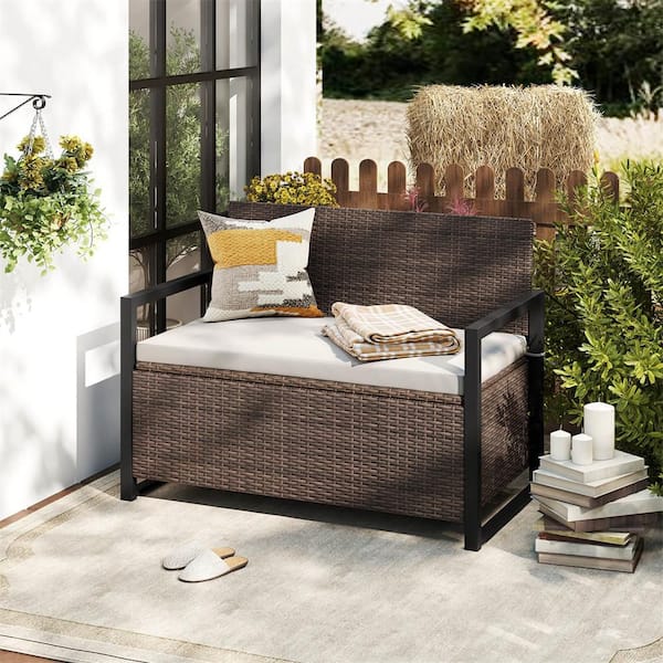 Patio Wicker Outdoor Storage Bench Loveseat with Built-in Storage and Long Seat Cushion Brown