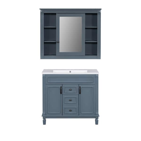 Boosicavelly 36 in. W x 18 in. D x 34 in. H Single Sink Freestanding Bath Vanity in Blue with White Ceramic Top and Mirror Cabinet