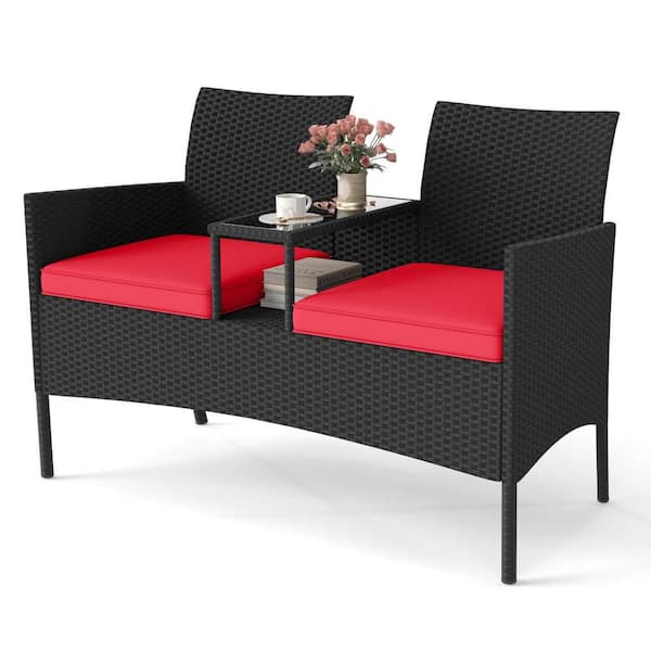 Wicker Outdoor Loveseat with Built-In Table Tempered Glass Tabletop and Soft Red Cushions