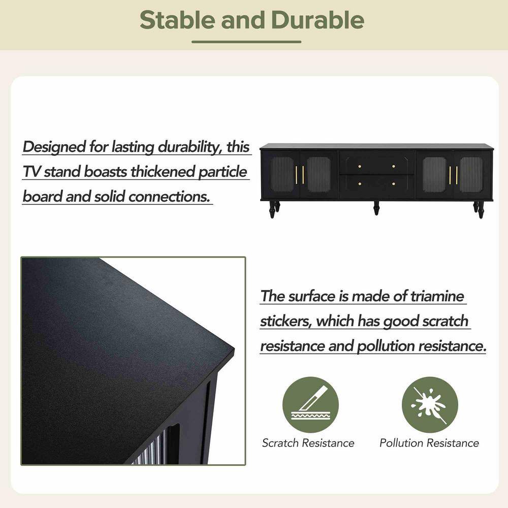 Black Fluted Glass Door TV Stand with Drawers and Cabinets