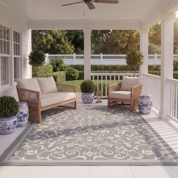 Courtyard Gray/Natural 8 ft. x 11 ft. Border Indoor/Outdoor Patio Area Rug