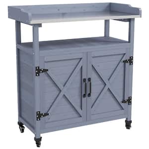 Outdoor Potting Bench, Wooden Potting Table with Storage Cabinet, Aluminum Table Top, Gray