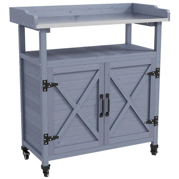 Outsunny Outdoor Potting Bench, Wooden Potting Table with Storage Cabinet, Aluminum Table Top, Gray