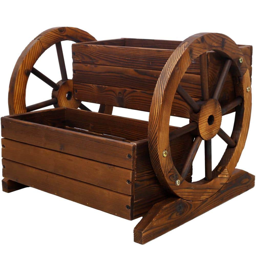 Brown Wooden Wagon Planter Box with Wheels, Wood Raised Beds Plant Pot Stan