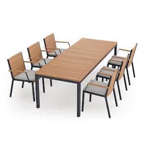 Monterey 7 Piece Aluminum Teak Outdoor Patio Dining Set in Cast Silver Cushions with 96 in. Table