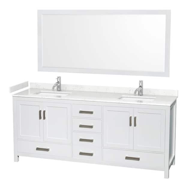 Wyndham Collection Sheffield 80 in. W x 22 in. D x 35 in. H Double Bath Vanity in White with Carrara Cultured Marble Top and 70" Mirror