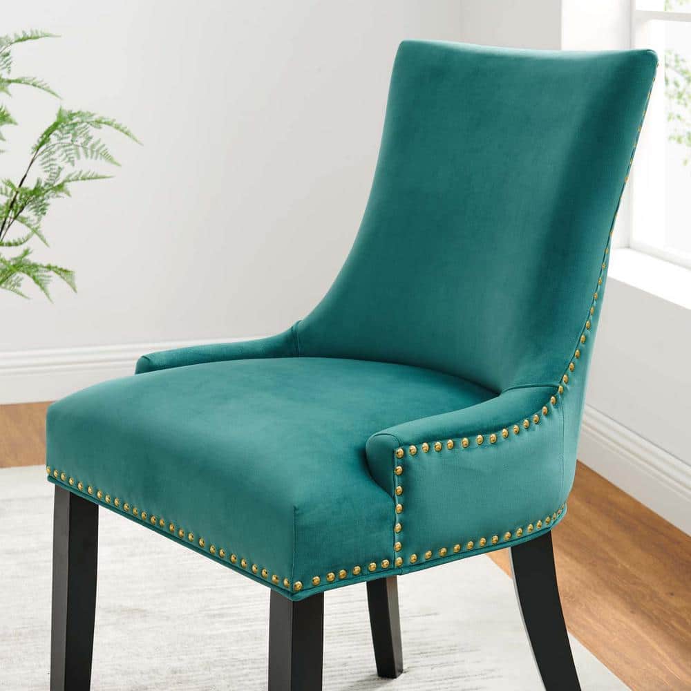 Regal Teal Velvet Upholstered Hourglass Side Chair with Wood Legs
