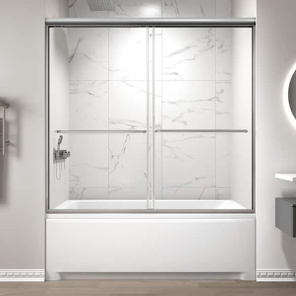 Modern 60 in. W x 58 in. H Double Sliding Semi-Frameless Bathtub Door in Chrome Finish with 1/4 in. (6mm) Clear Glass