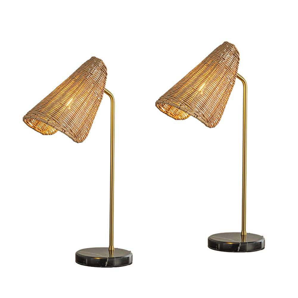 22 in. Farmhouse Handwoven Rattan Table Lamp Antique Brass Finish Black Marble Base Nightstand Lamp For Bedroom(2 Pack) price history on PriceWatchPro