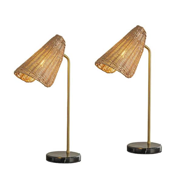 22 in. Farmhouse Handwoven Rattan Table Lamp Antique Brass Finish Black Marble Base Nightstand Lamp For Bedroom(2 Pack)