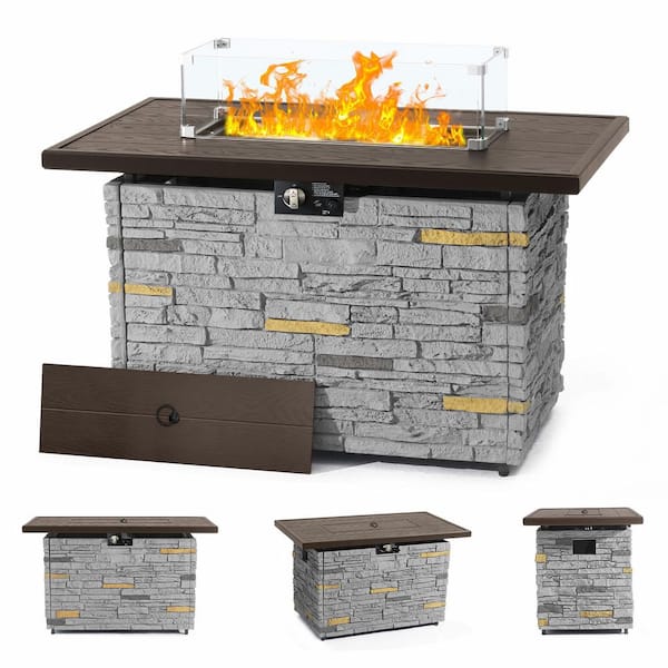 INNUMIA 43 in. Propane Fire Pit Table Outdoor Stone Firepit Table Rectangular 50000 BTU Propane Fire Tables - Gray