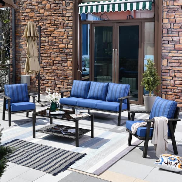 HOOOWOOO Walden Grey 4-Piece Wicker Metal Outdoor Patio Conversation Sofa Seating Set with Striped Sky Blue Cushions