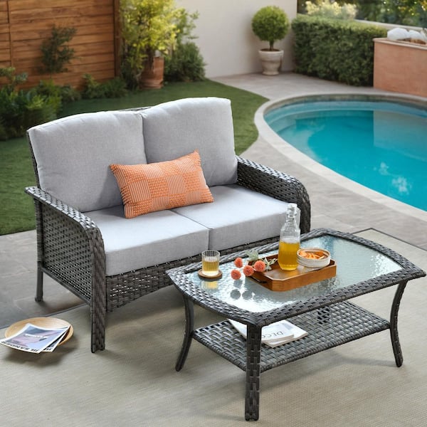 Gray Wicker 2-Piece Outdoor Loveseat Patio Loveseat Set with Light Gray Cushions and Glass Coffee Table for Small Space