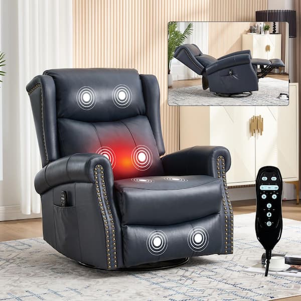 Blue Genuine Leather Manual Swivel Glider Recliner Chair with Massage and Heat, Nailhead Trim, Side Pocket