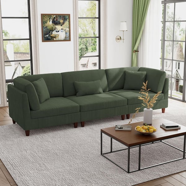 112.1 in. Straight Arm 3-Piece Corduroy Upholstered 3-Seater Sectional Sofa in Green