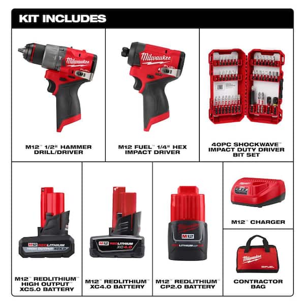M12 FUEL 12V Cordless Hammer Drill/Impact Combo Kit (2-Tool) w/5.0Ah Battery & SHOCKWAVE Bit Set (40-Pc)
