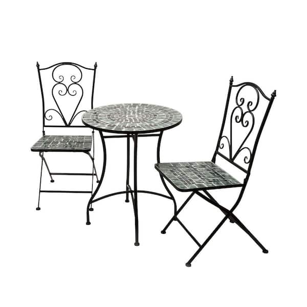 3-Piece Metal Indoor/Outdoor Marbled Glass Mosaic Bistro Set with Folding Table and Chairs, Black/Gray