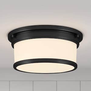 Summerlake 12.5 in. 2-Light Matte Black Drum Flush Mount with Frosted Glass Shade and No Bulbs Included 1-Pack