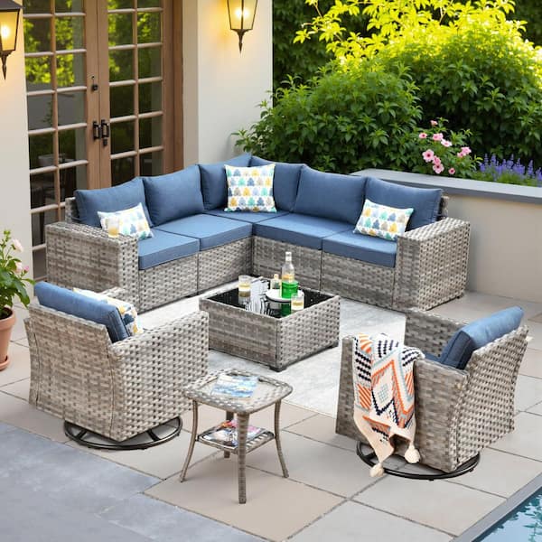 Zoila Gray 9-Piece Wicker 7.68 in. Wide Arm Outdoor Sectional Set with Denim Blue Cushions and Swivel Rocking Chairs