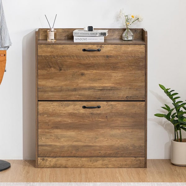40 in. H x 31.5 in. W Brown Particleboard Shoe Storage Cabinet with 2-Flip Drawers, 16-Pairs Shoe Cabinet for Entryway