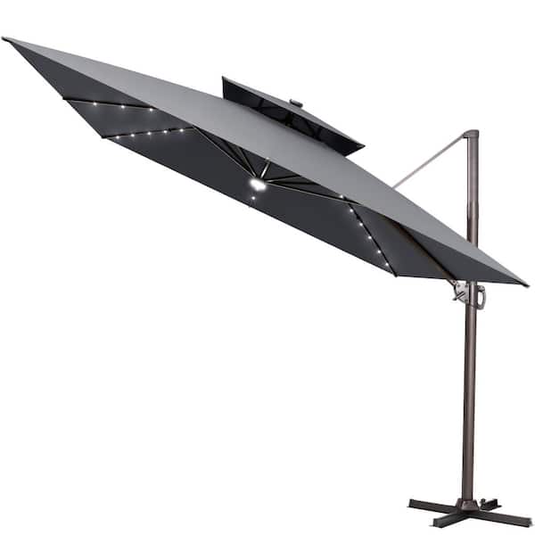 11 ft. x 11 ft. LED Square Swivel Double Top Cantilever Tilt Patio Umbrella in Dark Gray