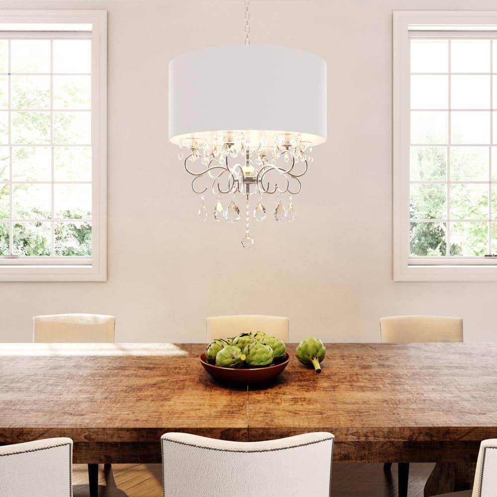 Elegant Chrome Drum Chandelier with Ivory Faux Silk Shade and Crystal Accents