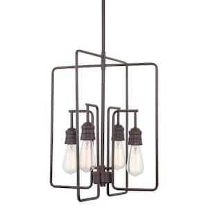 Roanoke 20 in. 60-Watt 4-Light Oil-rubbed Bronze Farmhouse Rectangular Open Lantern Design Pendant Light