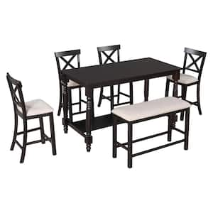 6-Piece Espresso Counter Height Dining Table Set Table with Shelf 4-Chairs and Bench for Dining Room