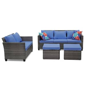 7-Piece Outdoor Navy Blue Wicker Rattan Sofa Conversation Set with Removable Cushions