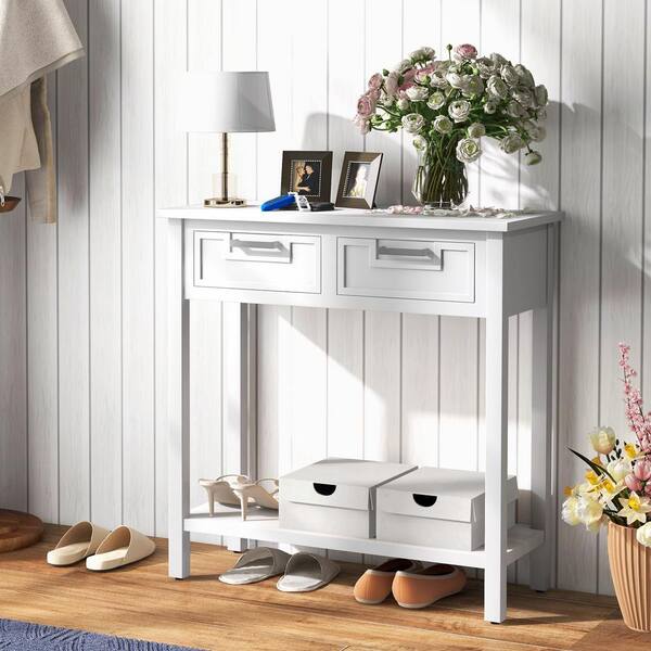Gray Wood 31.5 in. Kitchen Island Narrow Console Table with Drawers and Open Storage Shelf