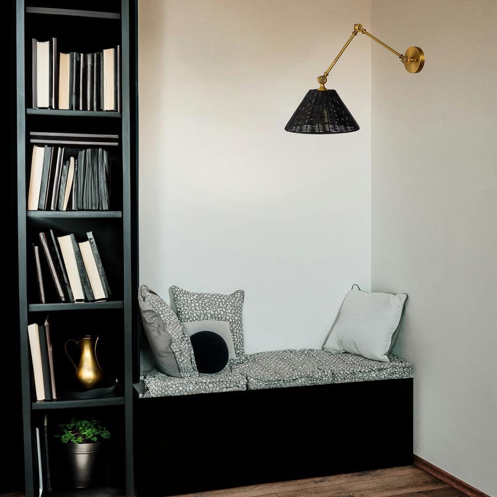 Adjustable Antique Brass Wall Sconce with Black Woven Rattan Shade