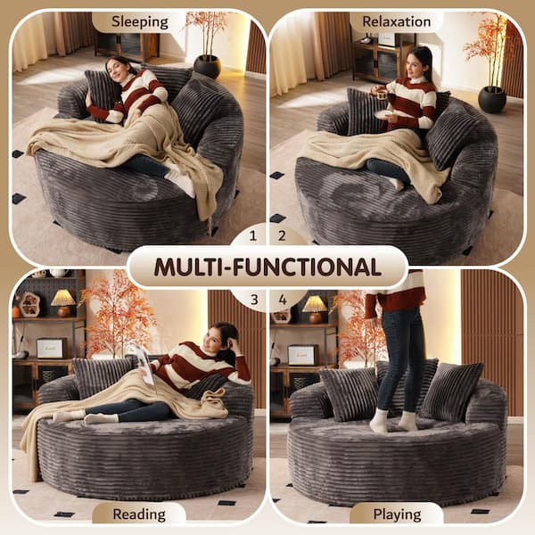 MIU 59 in. Modern Wide Square Arm Plush Corduroy Round Sofa Chair Lounge Chaise Sleeper Bed with Pillows in. Gray