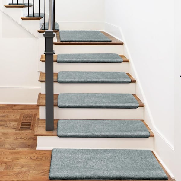 PURE ERA Plush Light Gray 9.5 in. x 30 in. x 1.2 in. Bullnose Polyster Carpet Stair Tread Cover Landing Mat Tape Free Set of 15