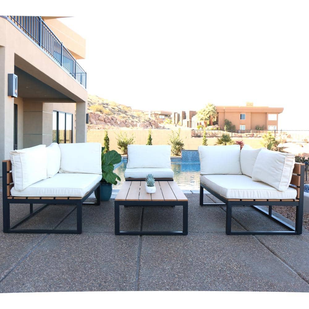 Modern Black Aluminum 4-Piece Patio Set with White Cushions