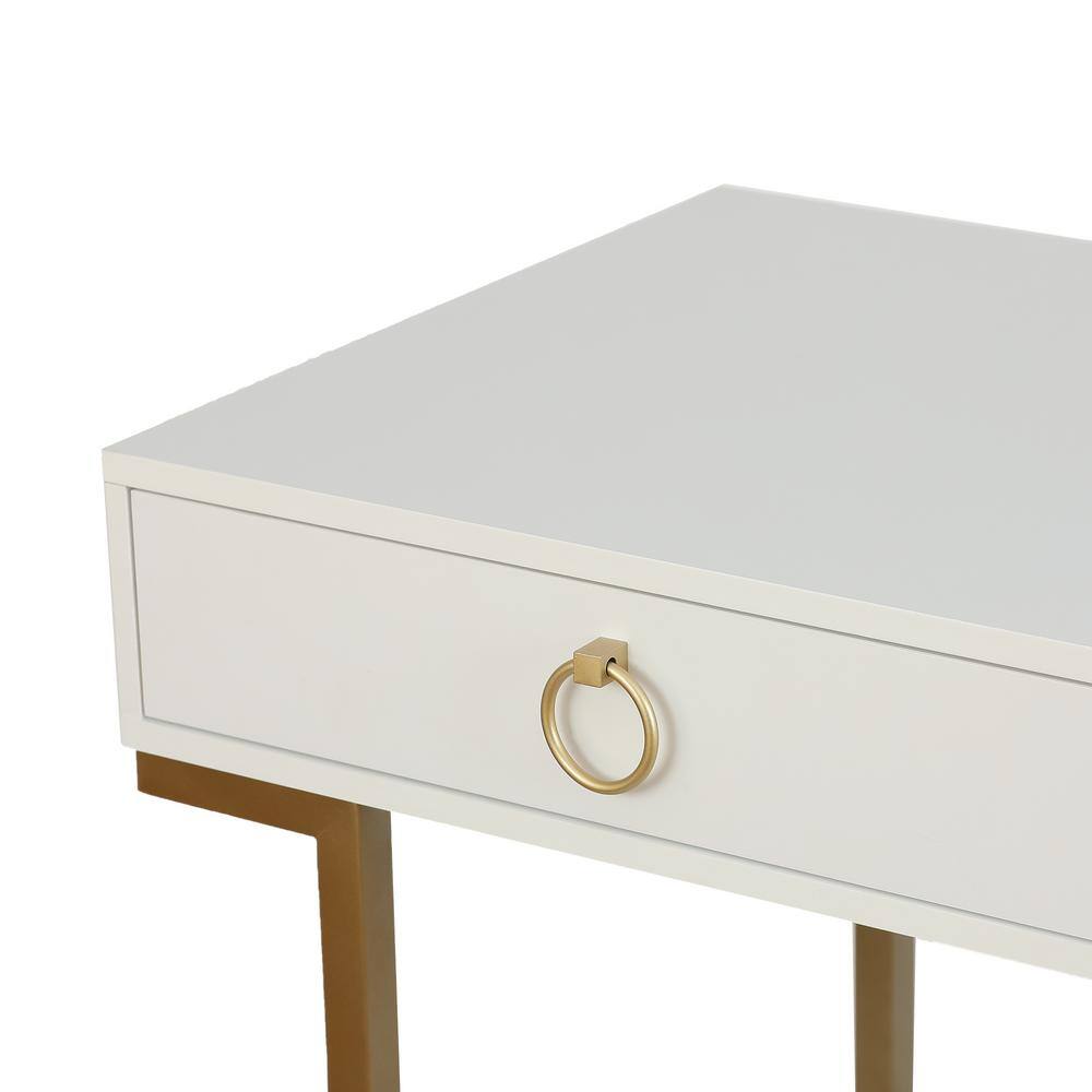 White Wood and Gold Metal Two Drawer Writing Desk