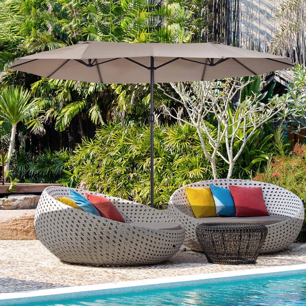 Tan Extra Large Double-Sided Outdoor Patio Umbrella with Crank Handle