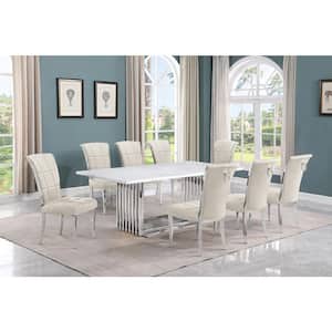 Lisa 9-Piece Rectangle White Marble Top Stainless Steel Base Dining Set With 8-Cream Velvet Iron Leg Chairs