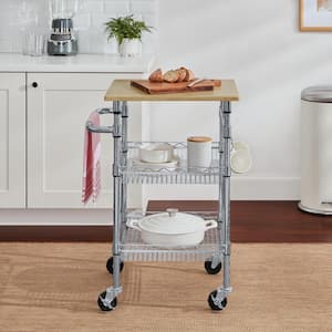 Gatefield Small Chrome with Natural Wood Top Metal Rolling Microwave Kitchen Cart with Tiered Shelves (24" W)