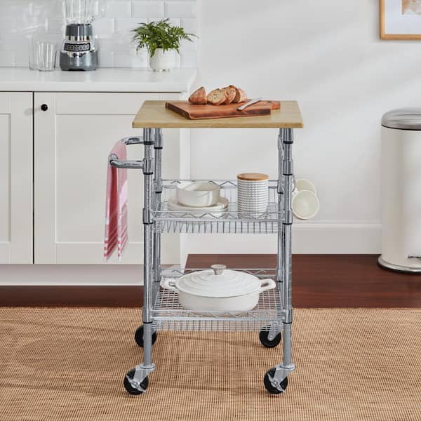StyleWell Gatefield Small Chrome with Natural Wood Top Metal Rolling Microwave Kitchen Cart with Tiered Shelves (24" W)