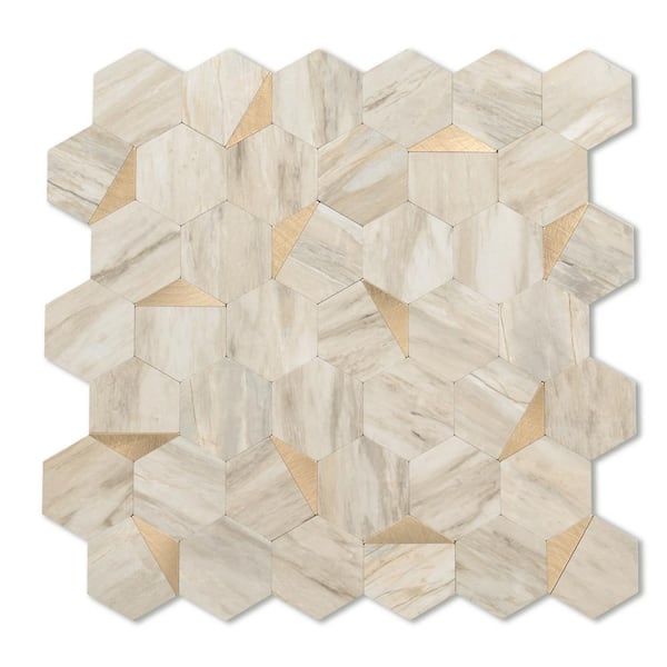 Yipscazo Hexagon Beige Marble Mixed Metal 12 in. x 12 in. PVC Peel and Stick Backsplash Wall Tile (10 Sq. Ft./10Sheets)