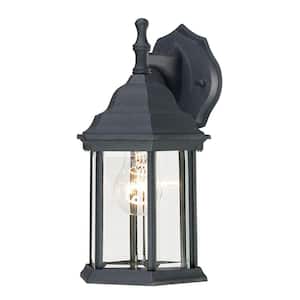 1-Light Textured Black on Cast Aluminum Exterior Wall Lantern Sconce with Clear Beveled Glass Panels