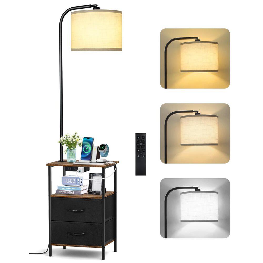 63 in. Brown Wood Modern 1-Light Dimmable Arc Floor Lamp for Living Room with Fabric Drum Shade price history on PriceWatchPro