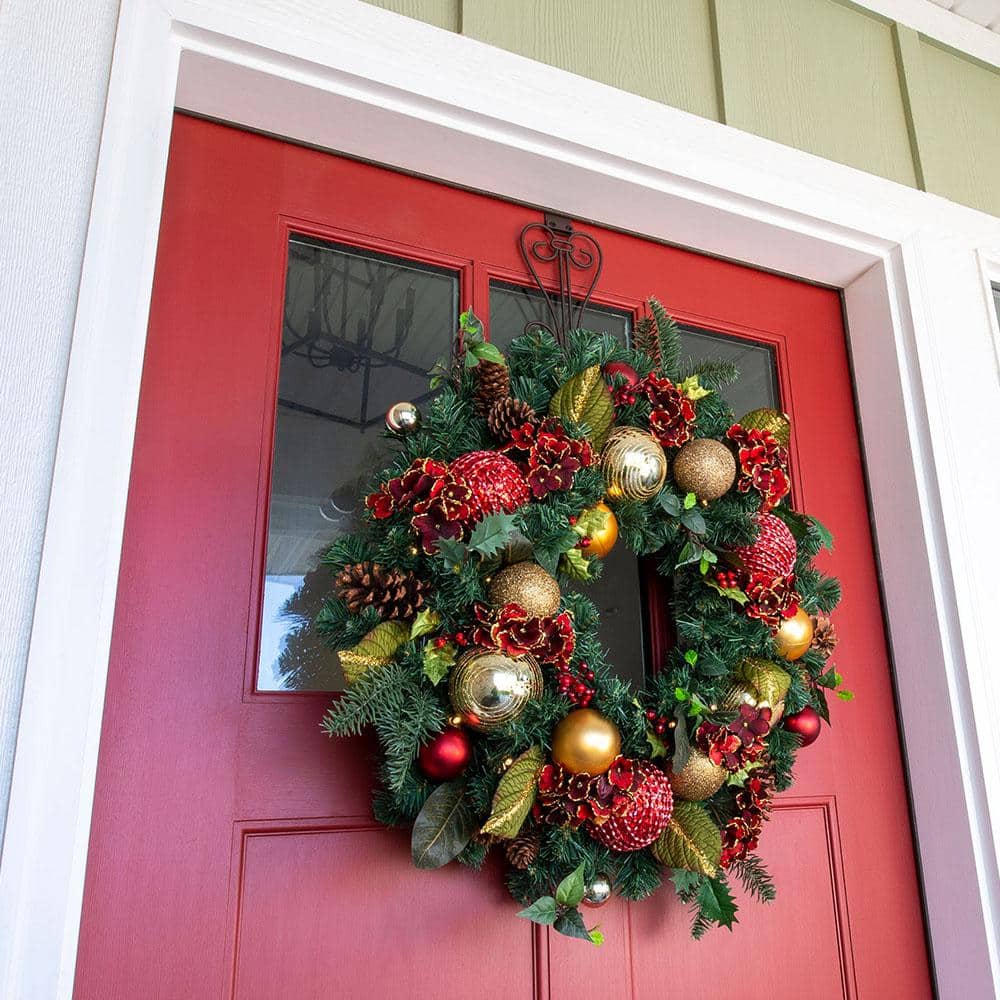 30-Inch Red and Gold Pre-Lit Christmas Wreath with Hydrangeas